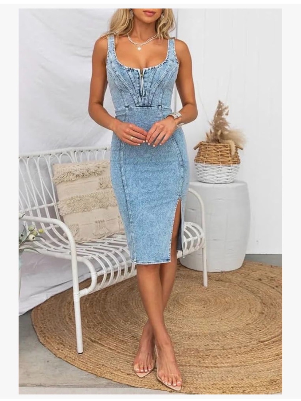 Sleeveless Light Blue Denim Midi Dress with Side Slit
